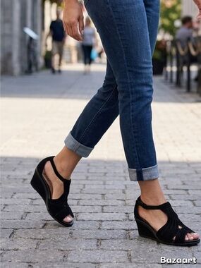 Earth Black Leather Comfort Wedge Sandals | Women’s Size 9W wide